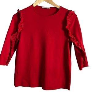 ZARA red 3/4 sleeved cropped cotton crew neck ruffle detailed top